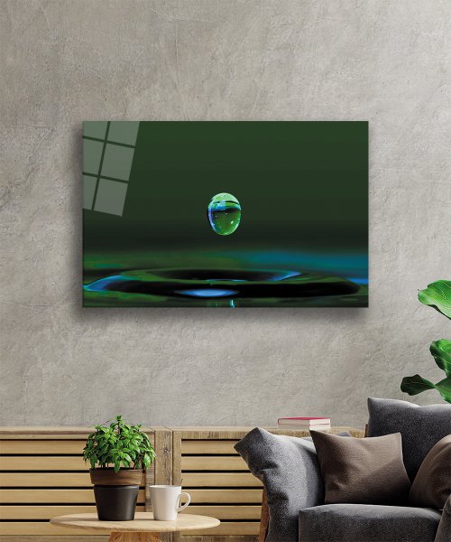 Su Damlası Yeşil Cam Tablo  4mm Dayanıklı Temperli Cam Water Drop Green Glass Wall Art