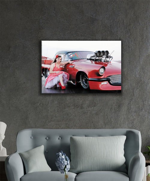 Kadınlar Modifiye Araba KırmızıCam Tablo  4mm Dayanıklı Temperli Cam, Women Modified Car Red Glass Wall Art