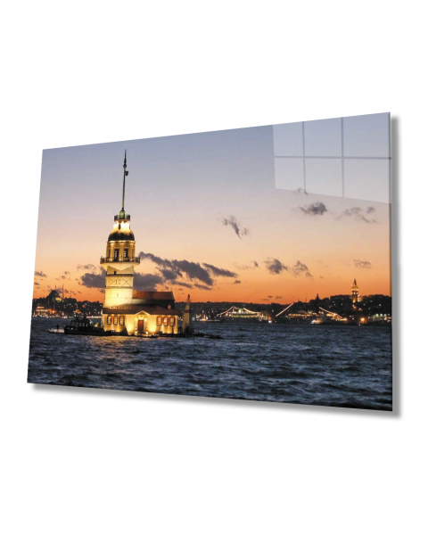 İstanbul Gün Batımı Kız Kulesi Manzarası  4mm Dayanıklı  Cam Tablo Temperli Cam