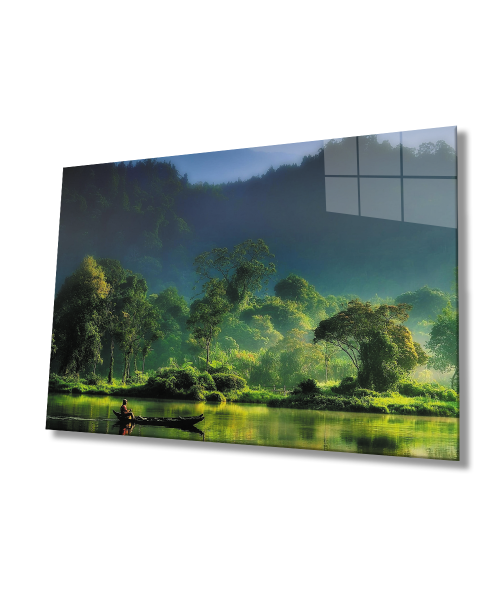 Göl Orman Manzara Yeşil Cam Tablo  4mm Dayanıklı Temperli Cam Lake Forest Landscape Green Glass Wall Art