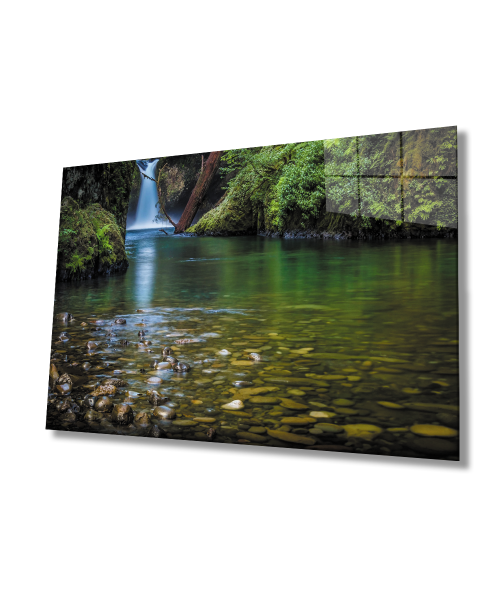 Orman Irmak Taş Manzara Yeşil Cam Tablo  4mm Dayanıklı Temperli Cam Forest River Stone Landscape Green Glass Wall Art