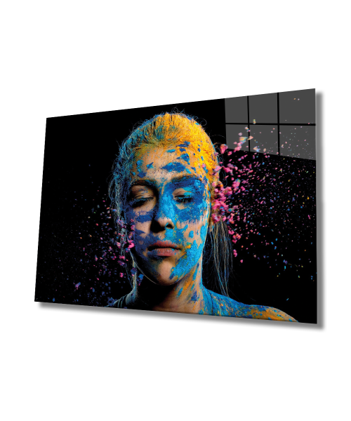 Kadın Boyalı Yüz İllüstrasyon Cam Tablo  4mm Dayanıklı Temperli Cam, Girl Colorful Face Illustration Art Glass Wall Decor