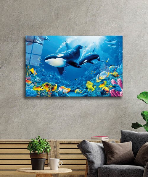 Yunus Balıklar Sualtı Hayatı Cam Tablo  4mm Dayanıklı Temperli Cam, Dolphins Marine Life Glass Wall Art