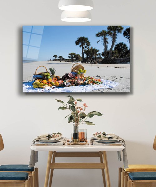 Sahil Meyveler Manzara Cam Tablo  4mm Dayanıklı Temperli Cam Beach Fruits Landscape Glass Table 4mm Durable Tempered Glass
