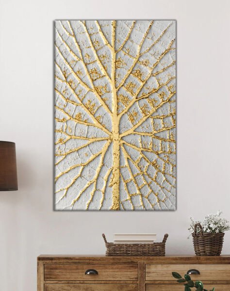 Soyut Beyaz  Altın Ağaç Dalları Cam Tablo 4mm Dayanıklı Temperli Cam