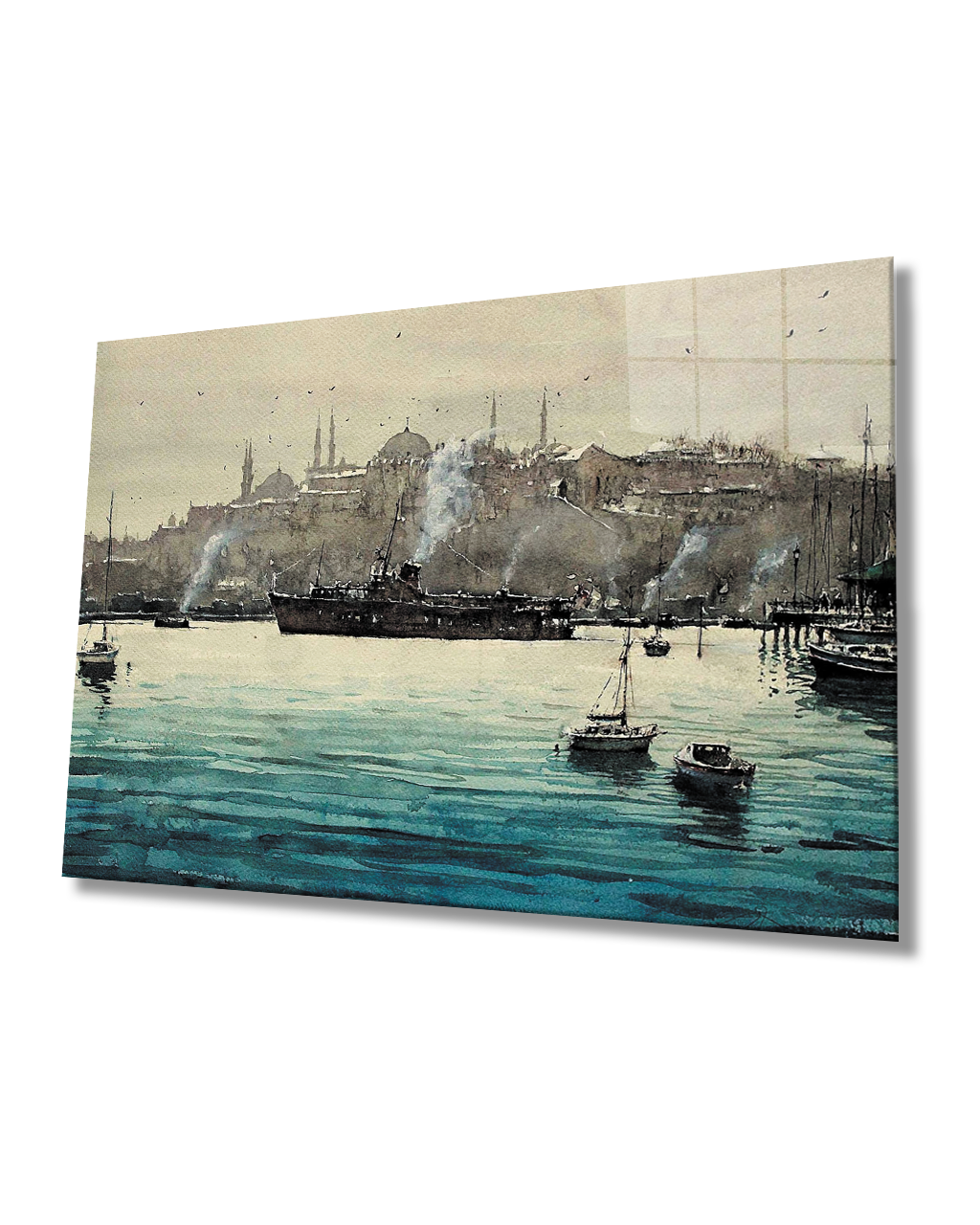 Sulu Boya Deniz Gemiler İstanbul Manzaralı   4mm Dayanıklı  Cam Tablo Temperli Cam