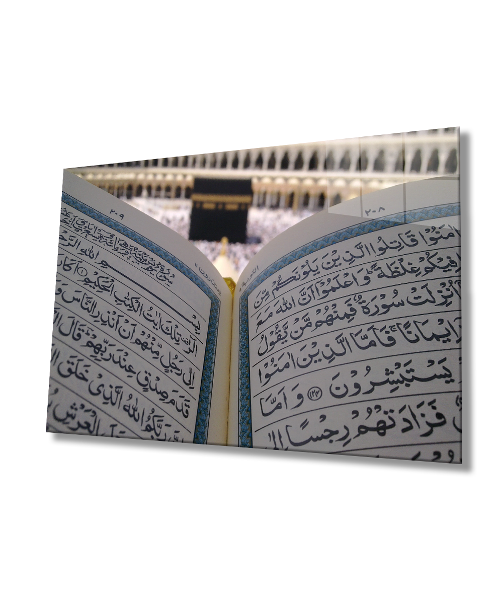 Kuran ve Kabe Dini İslami Duvar Dekoru Kaligrafi Cam Tablo 4mm Dayanıklı Temperli Cam