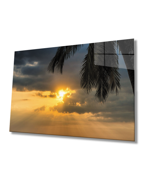 Gün Batımı Palmiye Cam Tablo  4mm Dayanıklı Temperli Cam Sunset Palm Glass Table 4mm Durable Tempered Glass
