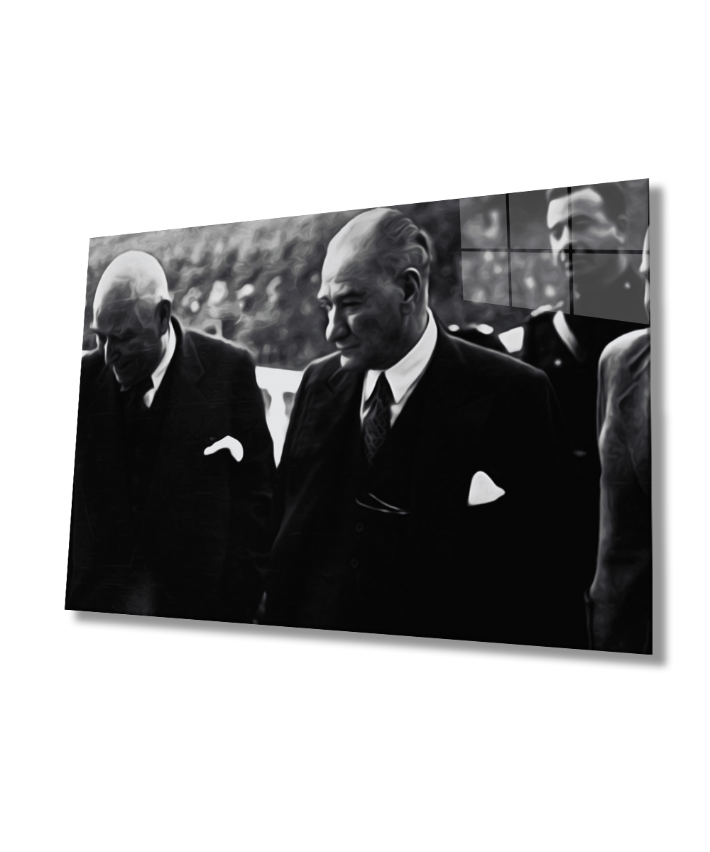 Siyah Beyaz  Atatürk  Arkadaş Cam Tablo  4mm Dayanıklı Temperli Cam,Black White Atatürk Glass Wall Art