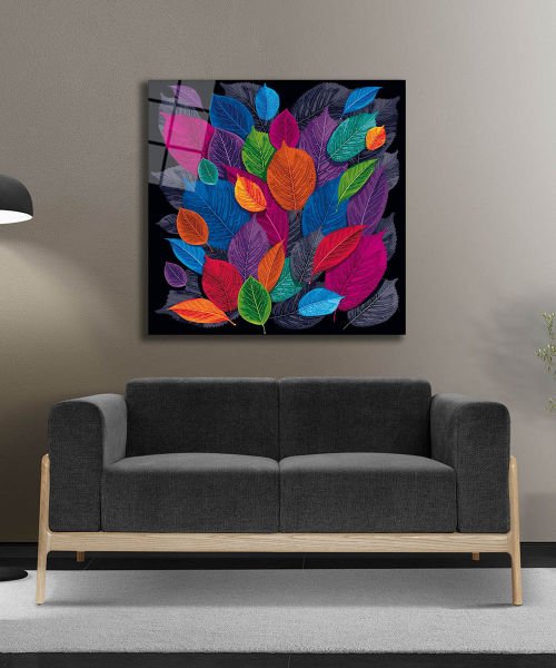 Renkli Yapraklar Soyut Cam Tablo 4mm Dayanıklı Temperli Cam 50x50 Cm, Colorful Leaf Abstract Glass Wall Art