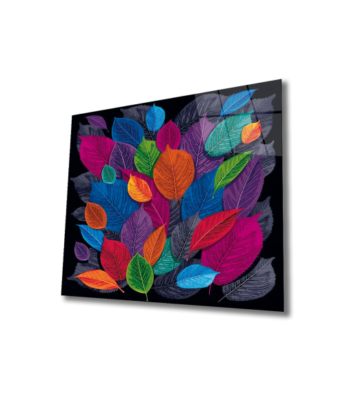 Renkli Yapraklar Soyut Cam Tablo 4mm Dayanıklı Temperli Cam 50x50 Cm, Colorful Leaf Abstract Glass Wall Art