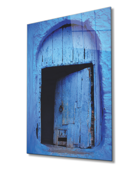 Mavi Renkli  Ahşap Kapı Görselli Dikey Cam Tablo  4mm Dayanıklı Temperli Cam Blue Colored Wooden Door Image Vertical Glass Table 4mm Durable Tempered Glass
