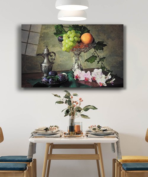 Meyveler Natürmort Cam Tablo  4mm Dayanıklı Temperli Cam Fruits Still Life Glass Wall Art