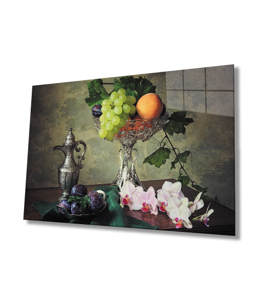 Meyveler Natürmort Cam Tablo  4mm Dayanıklı Temperli Cam Fruits Still Life Glass Wall Art