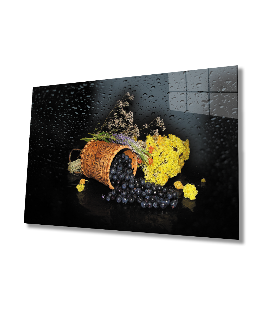 Meyve Bitki Su Damlası Naturmort Cam Tablo  4mm Dayanıklı Temperli Cam Fruit Plant Water Drop Still Life Glass Wall Art