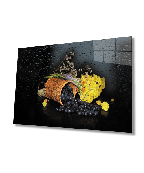 Meyve Bitki Su Damlası Naturmort Cam Tablo  4mm Dayanıklı Temperli Cam Fruit Plant Water Drop Still Life Glass Wall Art