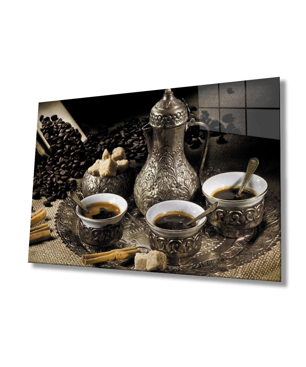 Kahve Fincan Natürmort Cam Tablo  4mm Dayanıklı Temperli Cam Coffee Cup Still Life Glass Wall Art