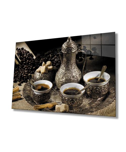 Kahve Fincan Natürmort Cam Tablo  4mm Dayanıklı Temperli Cam Coffee Cup Still Life Glass Wall Art