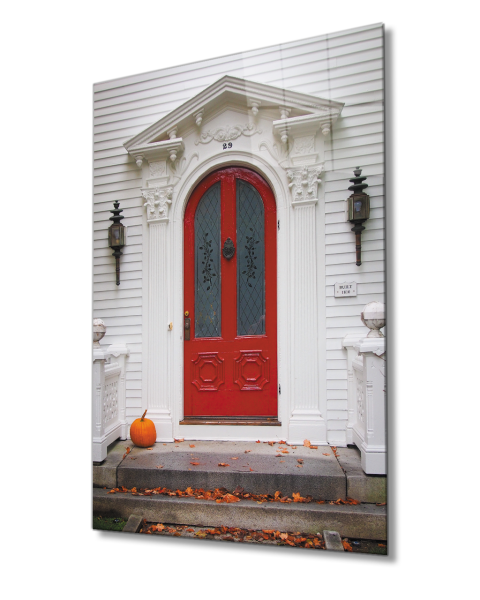 Üçgen Çatılı Kırmızı Renkli Kemerli  Kapı Görselli Dikey Cam Tablo  4mm Dayanıklı Temperli Cam Red Color Arched Door Image Vertical Glass Table With Triangular Roof 4mm Durable Tempered Glass