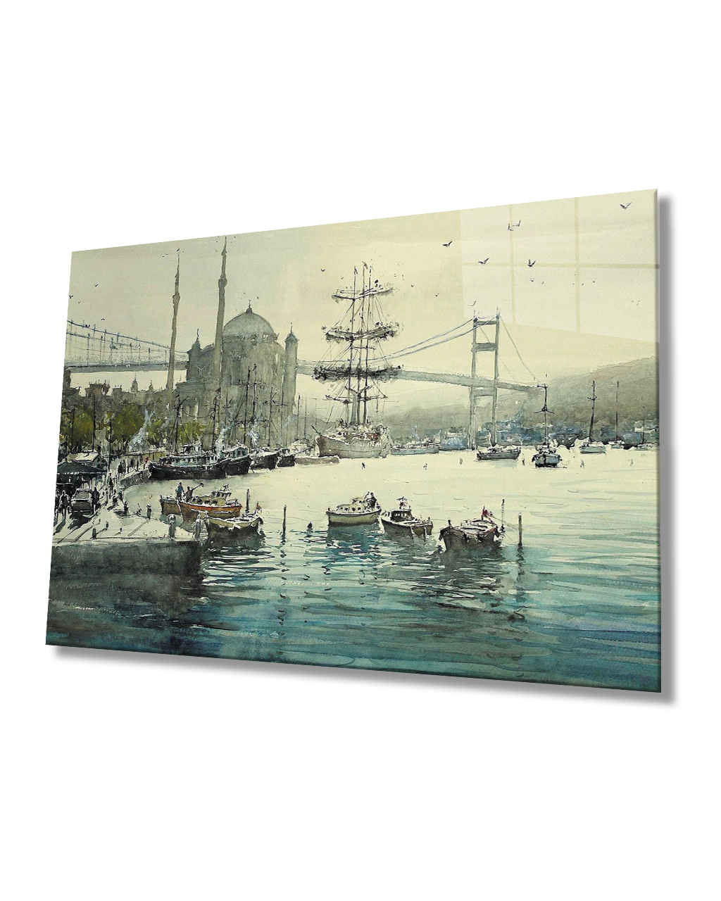 Sulu Boya Boğaz Köprü Kayıklar İstanbul 4mm Dayanıklı  Cam Tablo Temperli Cam