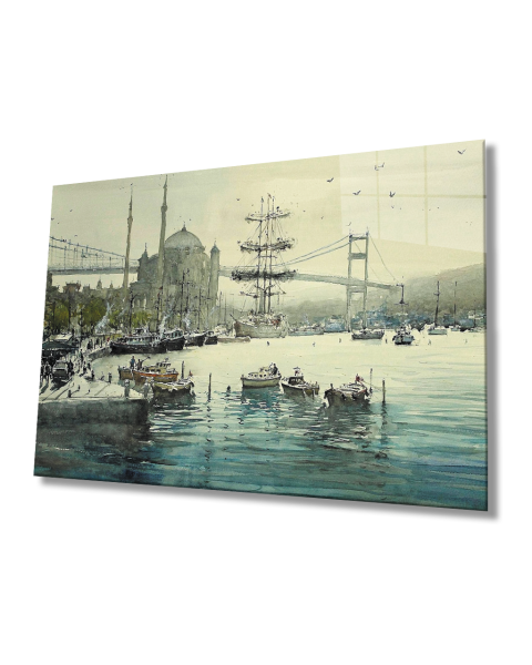 Sulu Boya Boğaz Köprü Kayıklar İstanbul 4mm Dayanıklı  Cam Tablo Temperli Cam