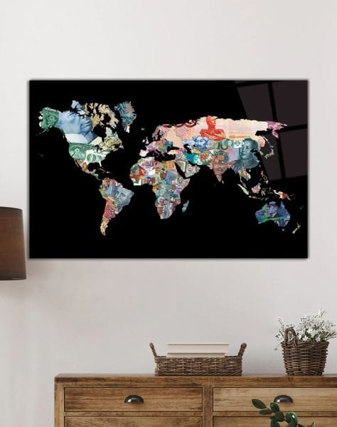 Para Desenli Dünya Haritası Cam Tablo 4mm Dayanıklı Temperli Cam