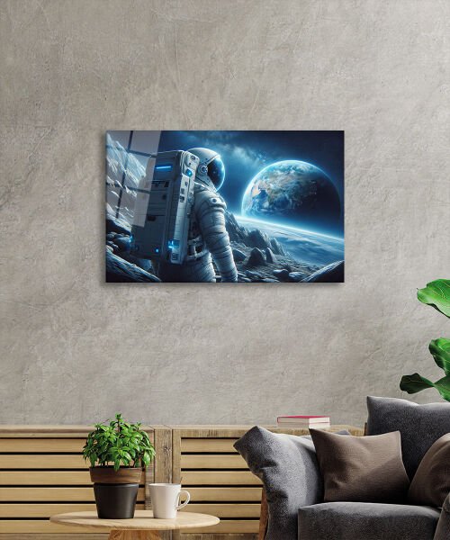 Uzay Görseli Astronot Cam Tablo  Yapay Zeka Hediyelik Büyük Tablo Ev Ofis Dekoru