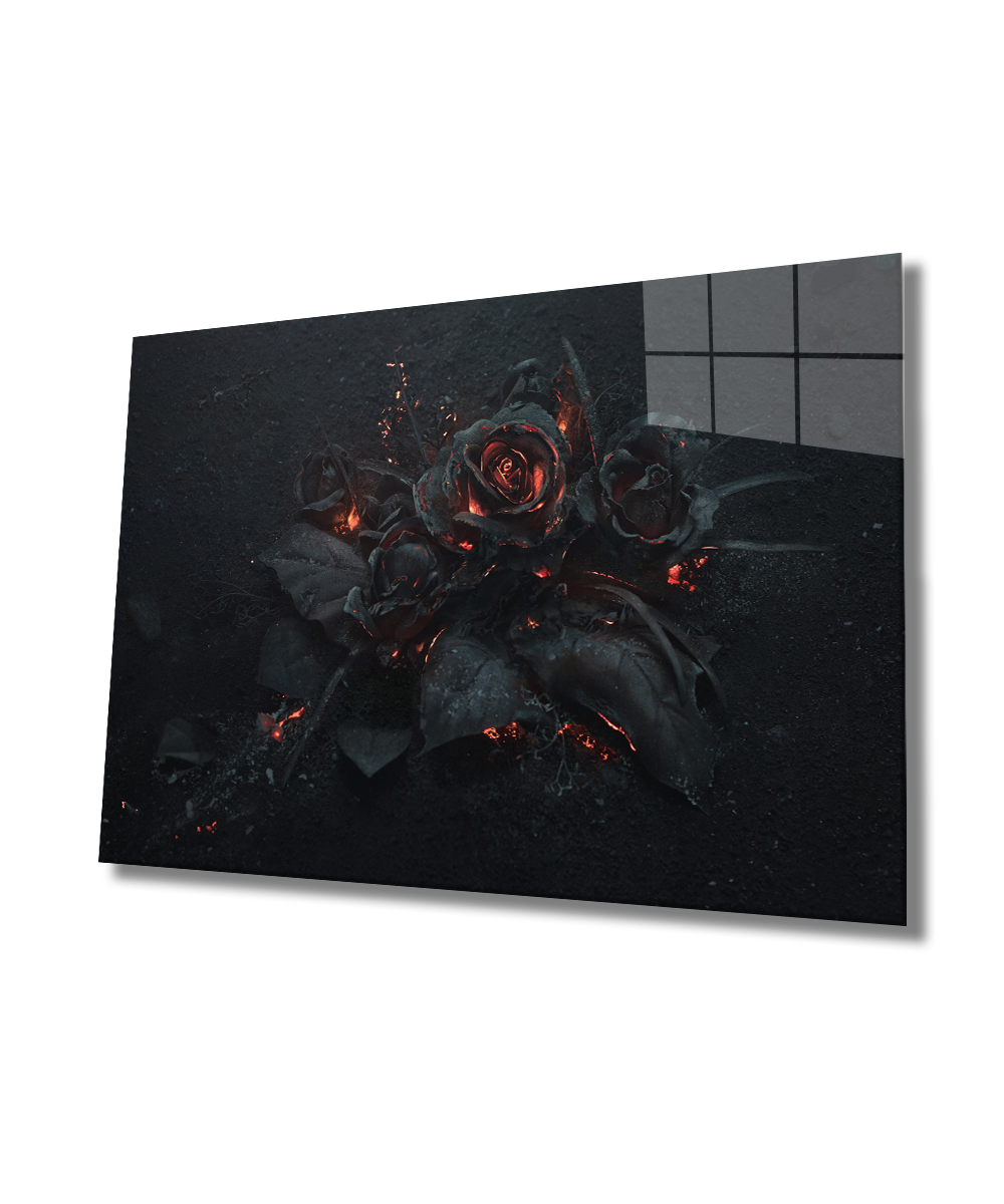 Siyah Çiçek İllüstrasyon Cam Tablo  4mm Dayanıklı Temperli Cam, Black Flower Illustration Art Glass Wall Decor