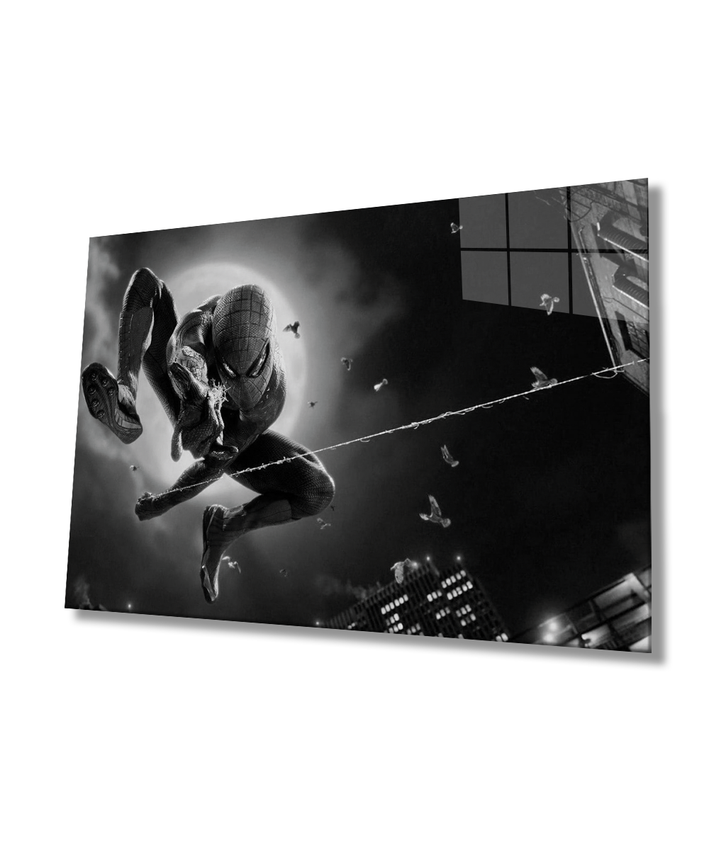 Siyah Beyaz Örümcek Adam Cam Tablo  4mm Dayanıklı Temperli Cam  Black and White Spider-Man Glass Wall Art