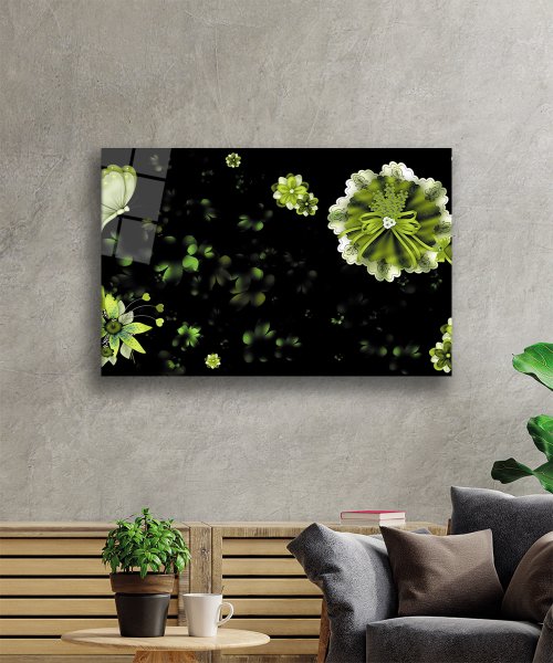 Siyah Çiçek Yeşil Cam Tablo  4mm Dayanıklı Temperli Cam