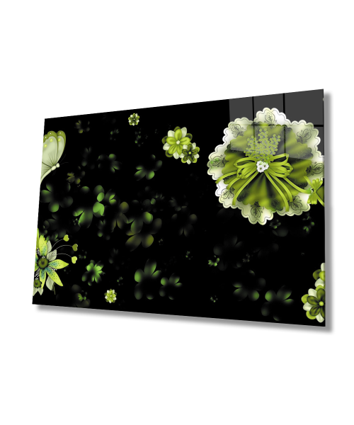 Siyah Çiçek Yeşil Cam Tablo  4mm Dayanıklı Temperli Cam