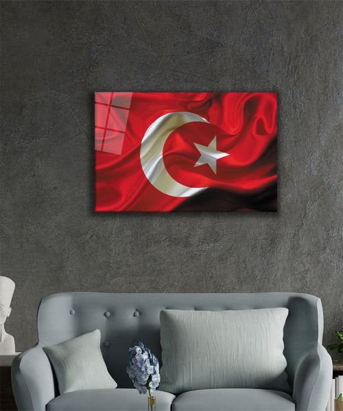 Dalgalanan Türk Bayrağı Cam Tablo  4mm Dayanıklı Temperli Cam, Waving Turkish Flag Glass Wall Art