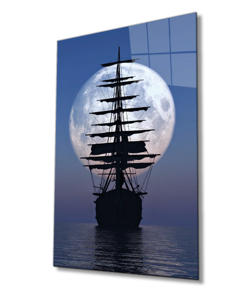 Ay Gece Yelkenli Gemi  Cam Tablo 4mm Dayanıklı Temperli Cam