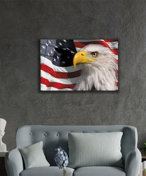 Kartallı Amerika Bayrağı Cam Tablo  4mm Dayanıklı Temperli Cam, American Eagle Flag Glass Wall Art