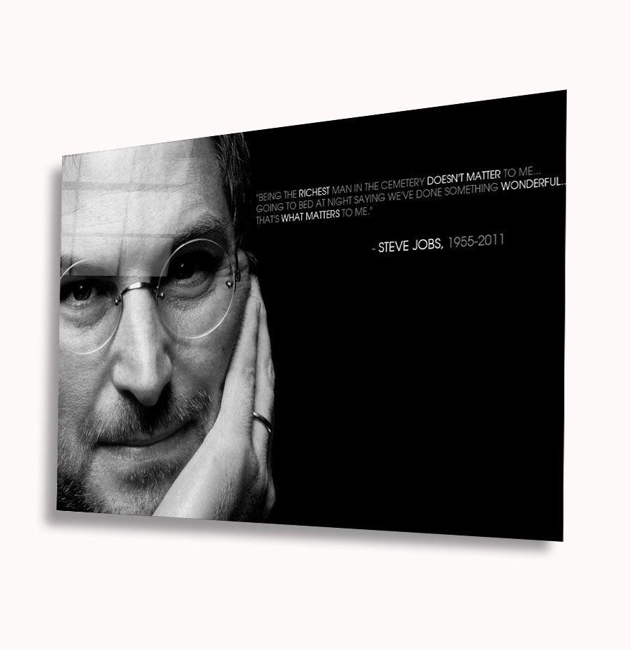 Siyah Beyaz İnsan Fotoğrafları Steve Jobs Cam Tablo  4mm Dayanıklı Temperli Cam Black and White People Photos Steve Jobs Glass Wall Art