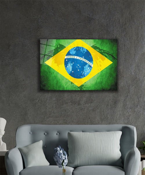 Brezilya Bayrağı Cam Tablo  4mm Dayanıklı Temperli Cam, Brazil Flag Glass Wall Art