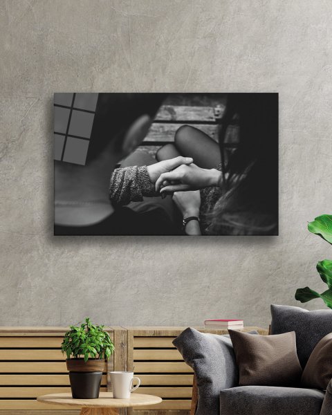 Siyah Beyaz Eller Aşk Cam Tablo  4mm Dayanıklı Temperli Cam Black and White Hands Love Glass Wall Art