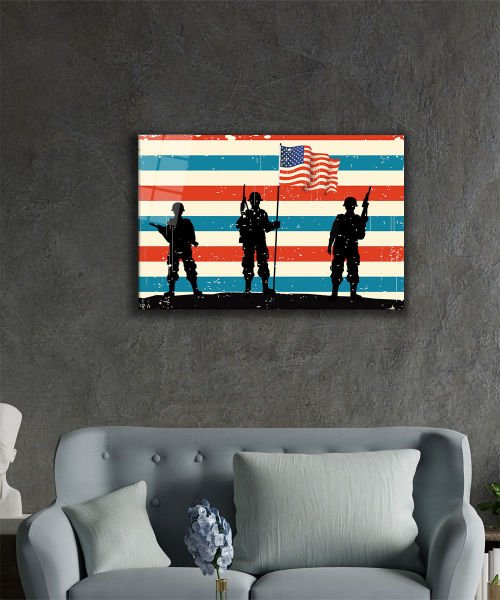Askerli Amerika Bayrağı Cam Tablo  4mm Dayanıklı Temperli Cam, Soldier America Flag Glass Wall Art