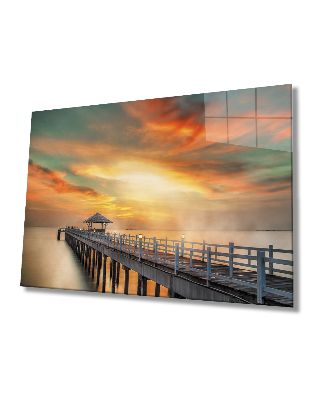 İskele Deniz Gün Batımı Cam Tablo  4mm Dayanıklı Temperli Cam Pier Sea Sunset Glass Table 4mm Durable Tempered Glass