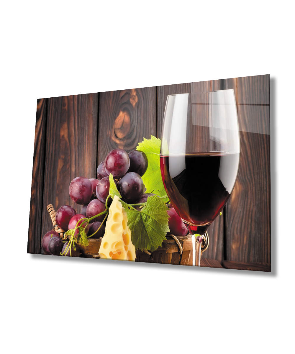 Üzüm Şarap Peynir Mutfak Cam Tablo  4mm Dayanıklı Temperli Cam Grape Wine Cheese Kitchen Glass Wall Art