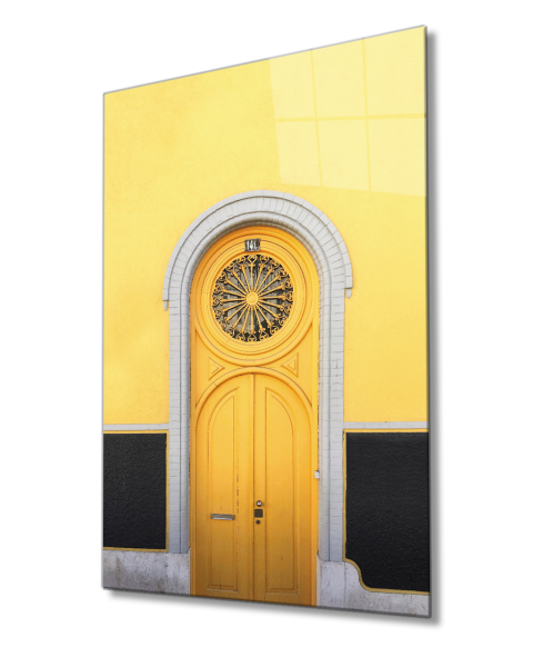 Sarı Renkli Kemerli  Ahşap Kapı Görselli Cam Tablo  4mm Dayanıklı Temperli Cam Yellow Color Arched Wooden Door Visual Glass Table 4mm Durable Tempered Glass