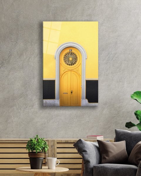 Sarı Renkli Kemerli  Ahşap Kapı Görselli Cam Tablo  4mm Dayanıklı Temperli Cam Yellow Color Arched Wooden Door Visual Glass Table 4mm Durable Tempered Glass