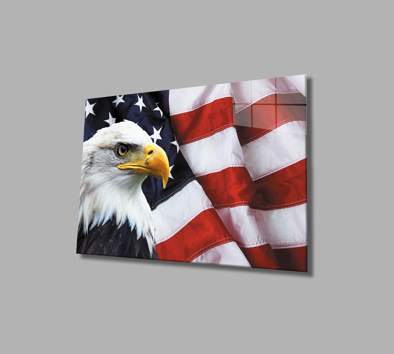 Kartallı Amerika Bayrağı Cam Tablo  4mm Dayanıklı Temperli Cam, American Eagle Flag Glass Wall Art