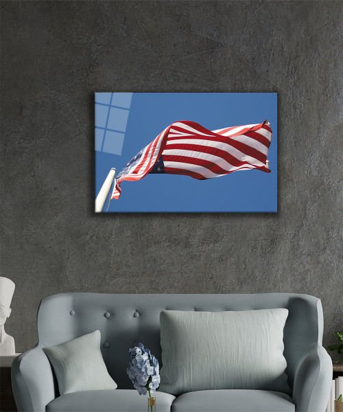 Dalgalanan Amerika Bayrağı Cam Tablo  4mm Dayanıklı Temperli Cam, Waving American Flag Glass Wall Art