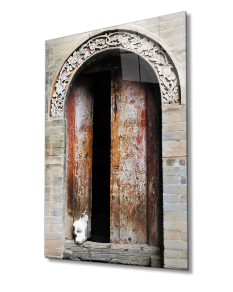 Oyma Taş Kemerli Ahşap Kapı ve Kedi Cam Tablo  4mm Dayanıklı Temperli Cam Carved Stone Arched Wooden Door and Cat Glass Table 4mm Durable Tempered Glass