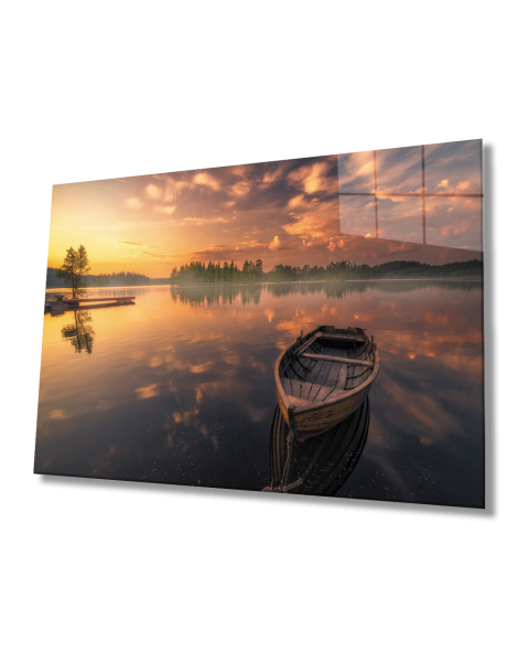 Gün Batımı Göl Kayık Manzara Cam Tablo  4mm Dayanıklı Temperli Cam Sunset Lake Kayak Landscape Glass Painting 4mm Durable Tempered Glass