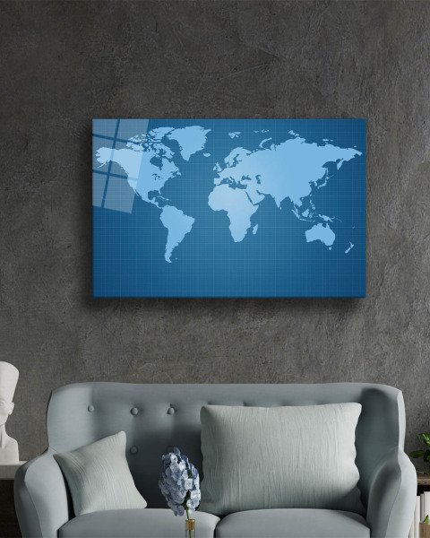 Mavi Dünya Haritası 4mm Dayanıklı Cam Tablo Temperli Cam, Blue World Map