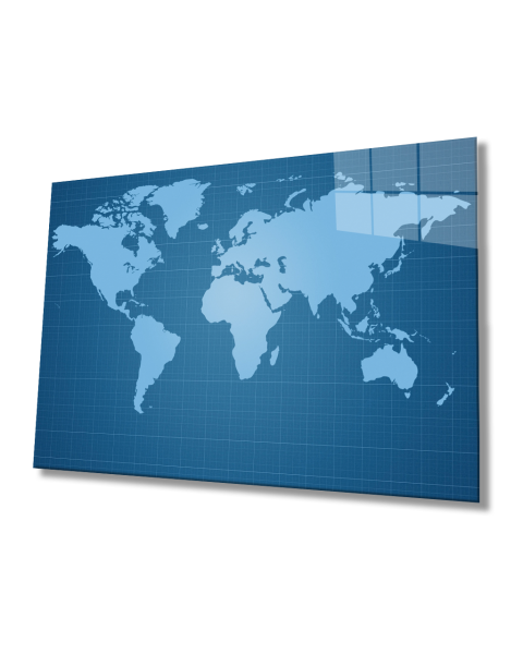 Mavi Dünya Haritası 4mm Dayanıklı Cam Tablo Temperli Cam, Blue World Map