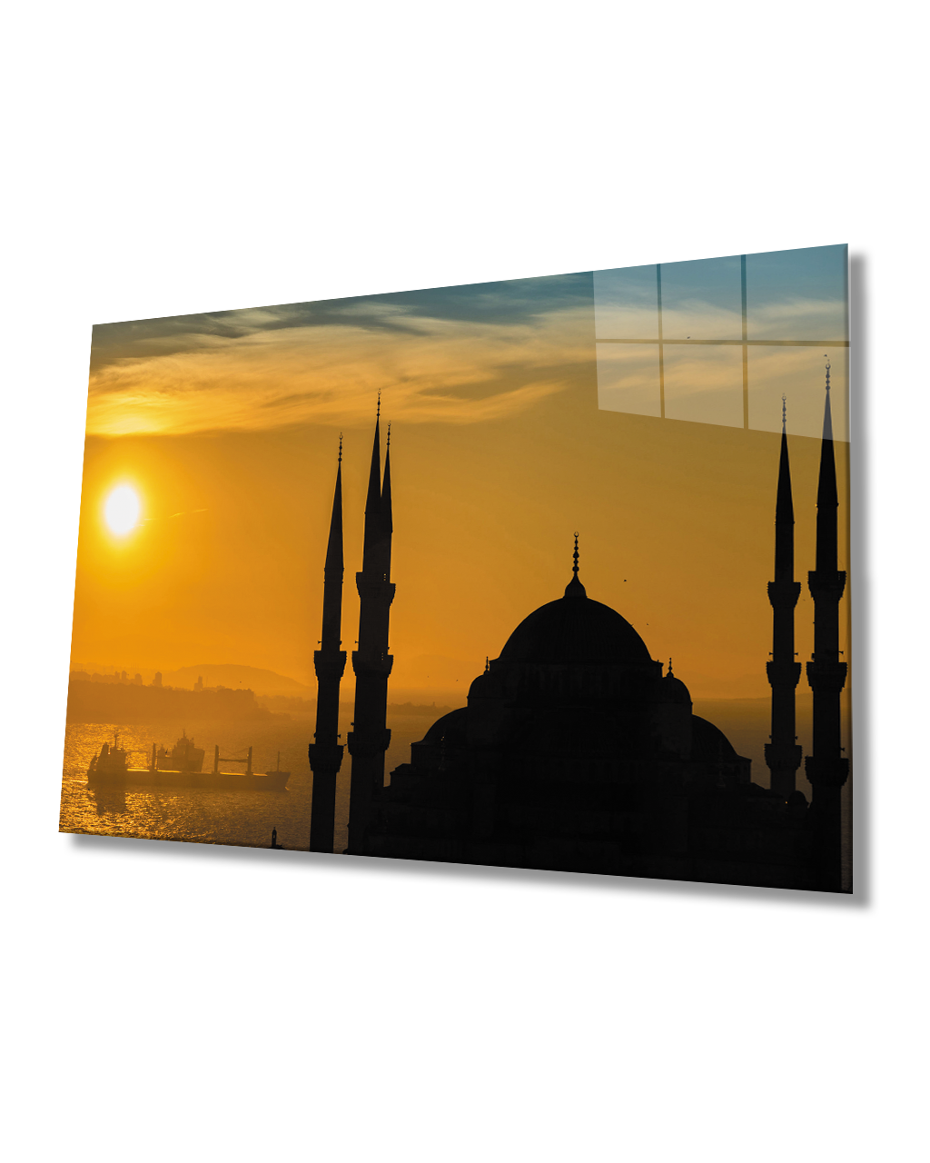 Gün Batımı Cami Deniz Cam Tablo  4mm Dayanıklı Temperli Cam Sunset Mosque Sea Glass Table 4mm Durable Tempered Glass
