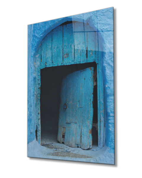 Mavi Renkli  Ahşap Eski Kapı Görselli Cam Tablo  4mm Dayanıklı Temperli Cam